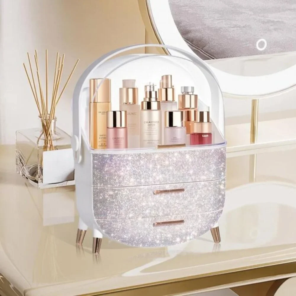Oval Egg-Shaped Makeup Storage Box, Portable Vanity Organizer - Rhinestone White